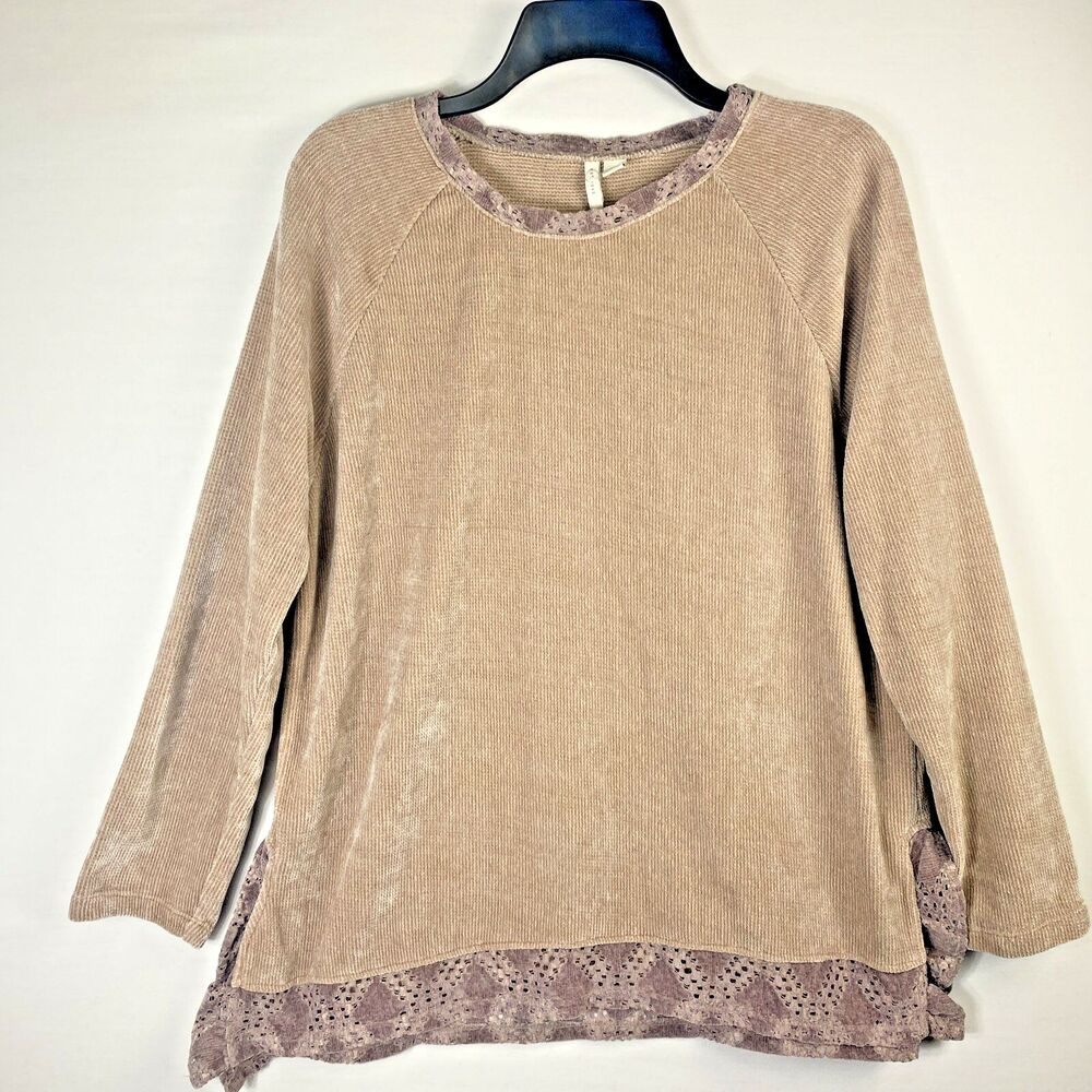 Cato Est 1946 Womens Size Large Sweater Tan Velour Lace Trim Long Sleeve Loose